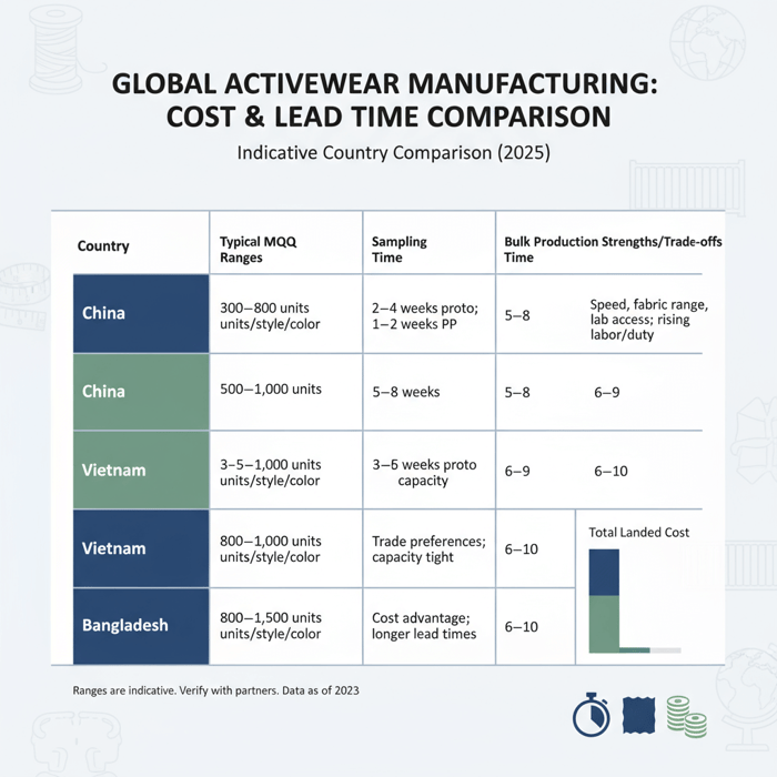 Matrix graphic comparing activewear costs, MOQs, and lead times across China, Vietnam, and Bangladesh