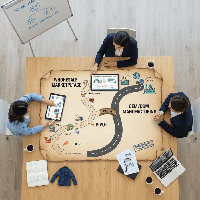 Brand team comparing fashion wholesale marketplaces with a roadmap to OEM/ODM manufacturing