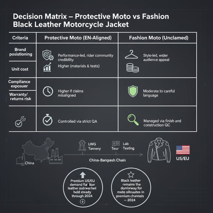 2x2 decision matrix visual contrasting protective vs fashion builds across margin and risk