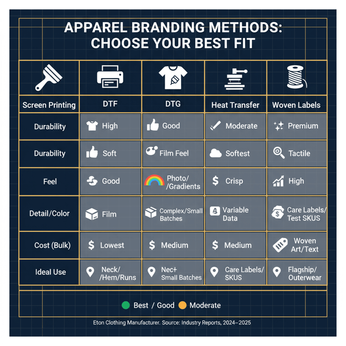 Matrix comparing screen printing, DTF, DTG, heat transfer, and woven labels