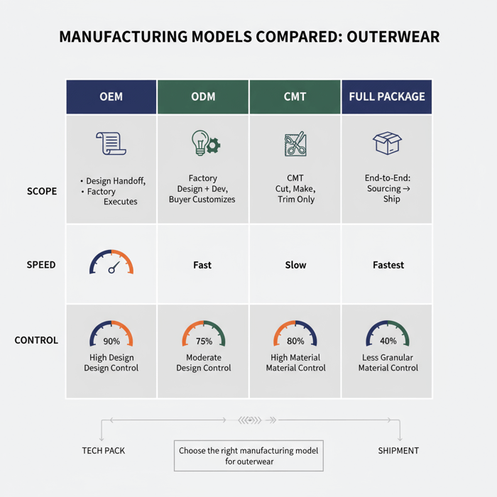 Matrix visual comparing OEM, ODM, CMT, and full-package scope, speed, and control for outerwear