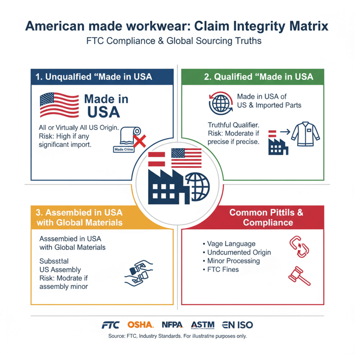 Visual matrix showing unqualified vs qualified vs assembled claims and common pitfalls in american made workwear