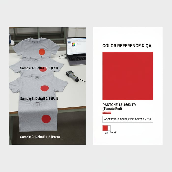 Side-by-side samples showing color drift corrections with Pantone targets and Delta E tolerances