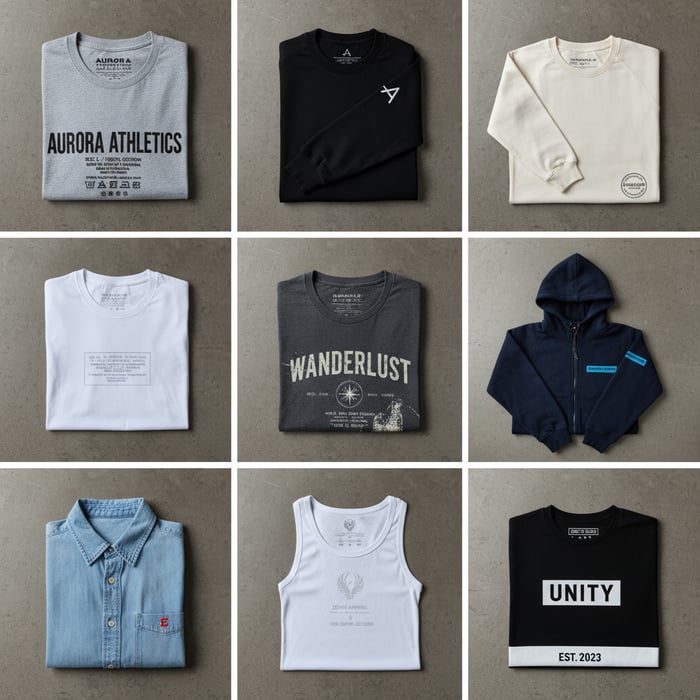 Grid of garments showing inside neck prints, hem logos, and sleeve marks