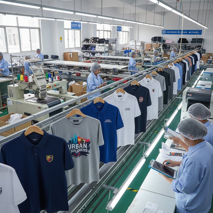 Hero visual with tees, polos, and wovens featuring embroidery and prints in an audited factory context