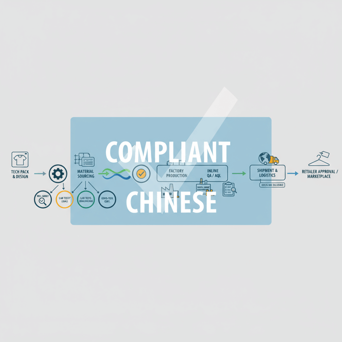 Diagram of audit, testing, and QA checkpoints across apparel sourcing timeline