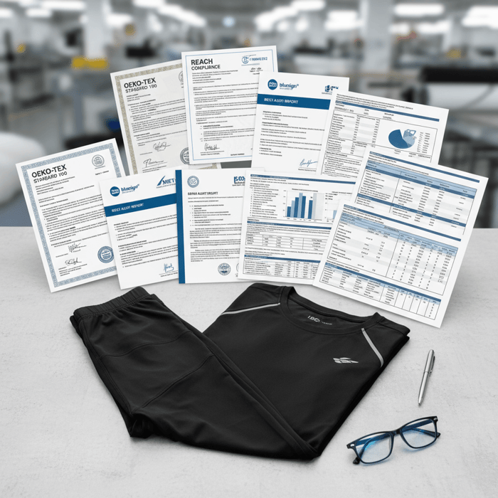 Compliance certificates laid out with audit summaries and lab test reports
