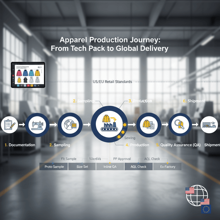 Stages of clothing production visual showing documentation, sampling, sourcing, production, QA, and shipment