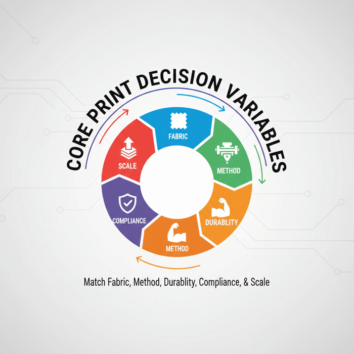 Infographic wheel: fabric, method, durability, compliance, and scale as core print decision variables