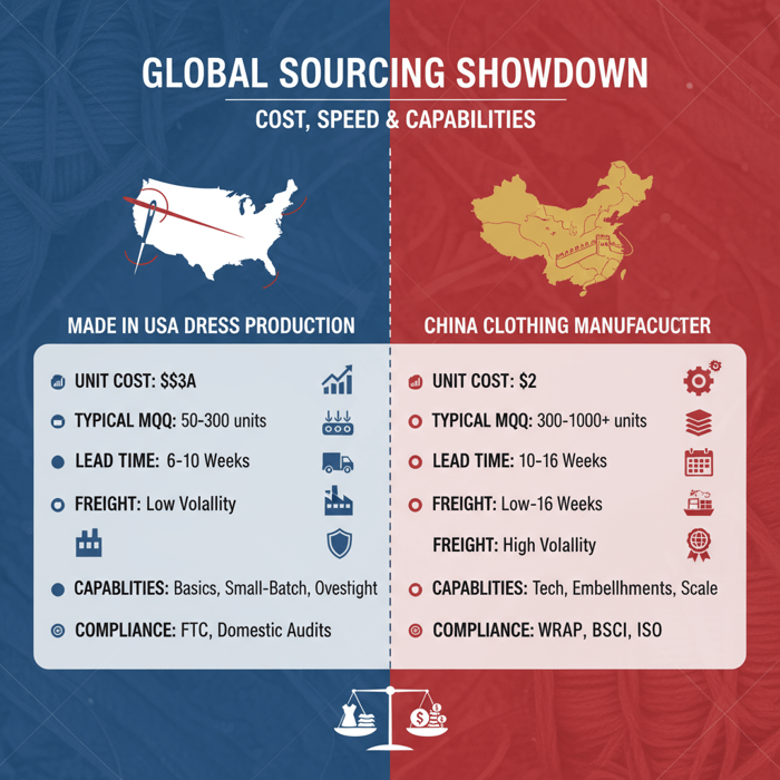 Matrix comparing US vs China dress manufacturing on cost ranges, MOQs, lead times, and capabilities