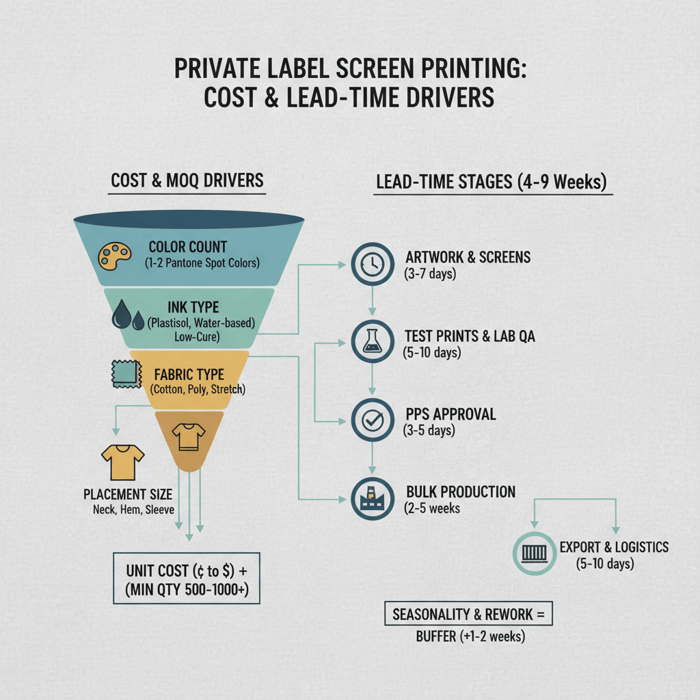 Infographic of cost drivers and lead-time stages for private label prints