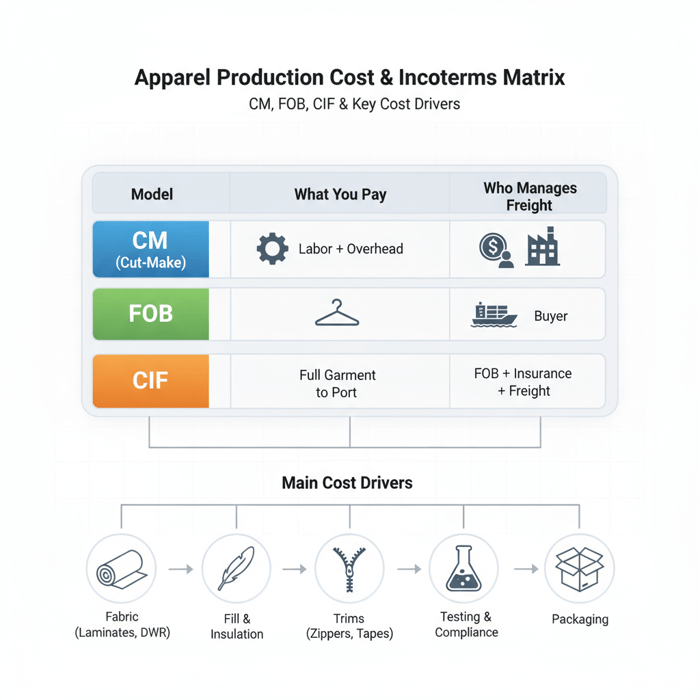 Matrix of cost structure for apparel production showing CM, FOB, CIF and main drivers