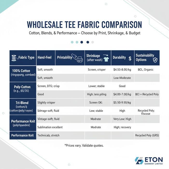 Comparison matrix: cotton vs blends vs performance for wholesale tee programs