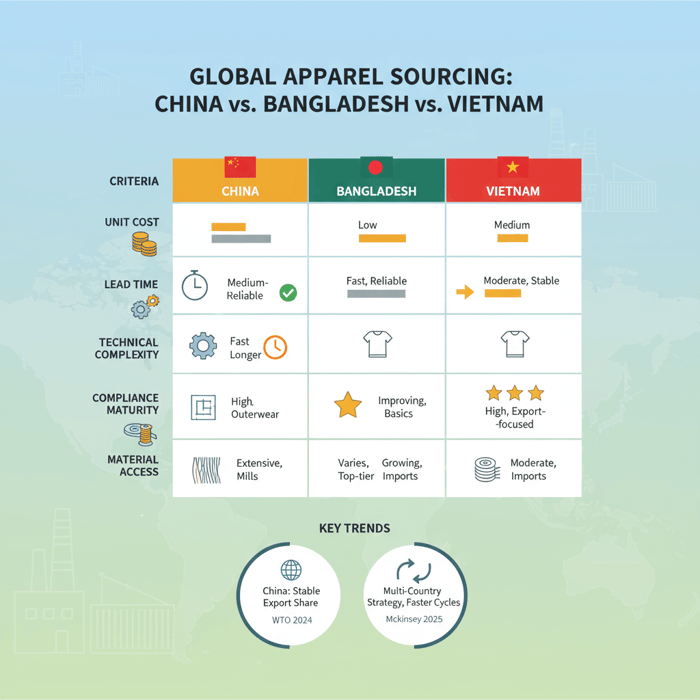 Comparison matrix illustrating sourcing trade-offs among China, Bangladesh, and Vietnam