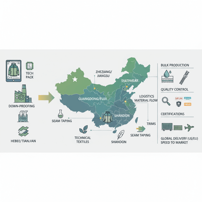 Side-by-side graphic comparing capability, cost, compliance, lead time for China, Bangladesh, Vietnam, Turkey