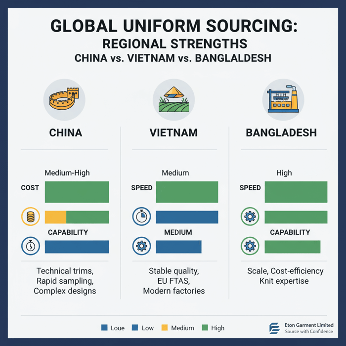 Matrix comparing China, Vietnam, and Bangladesh for uniform cost, speed, and capability