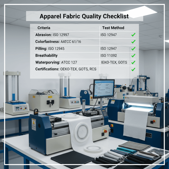 Checklist connecting apparel fabric criteria like abrasion, colorfastness, pilling, breathability, waterproofing, and certifications to lab test methods