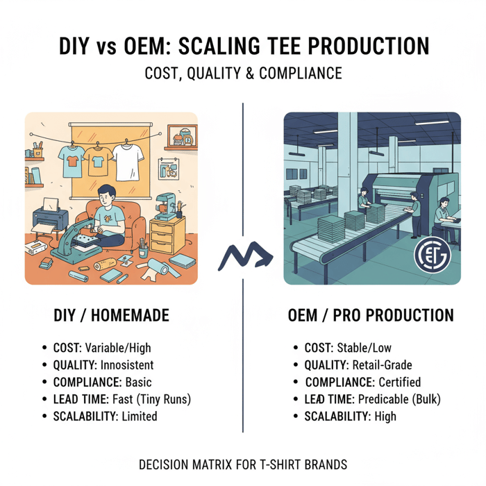 Decision matrix illustrating DIY vs OEM across cost, quality, compliance, lead time, scalability