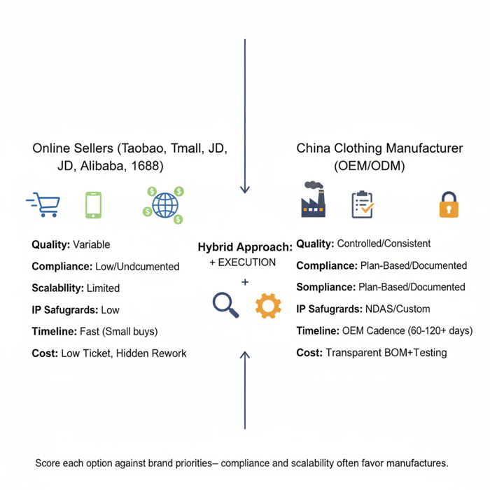 Diagram comparing online sellers with China clothing manufacturers using quality, compliance, scalability, IP, timeline, and cost criteria
