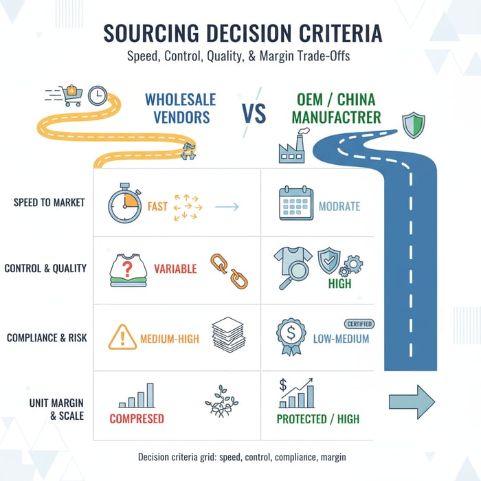 Comparison grid illustrating speed, control, compliance, and margin across wholesale and OEM routes