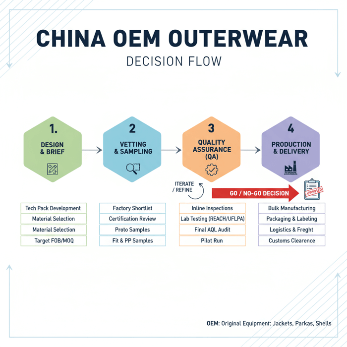 Decision-flow diagram from design brief to vetting, sampling, QA, and production for China OEM outerwear