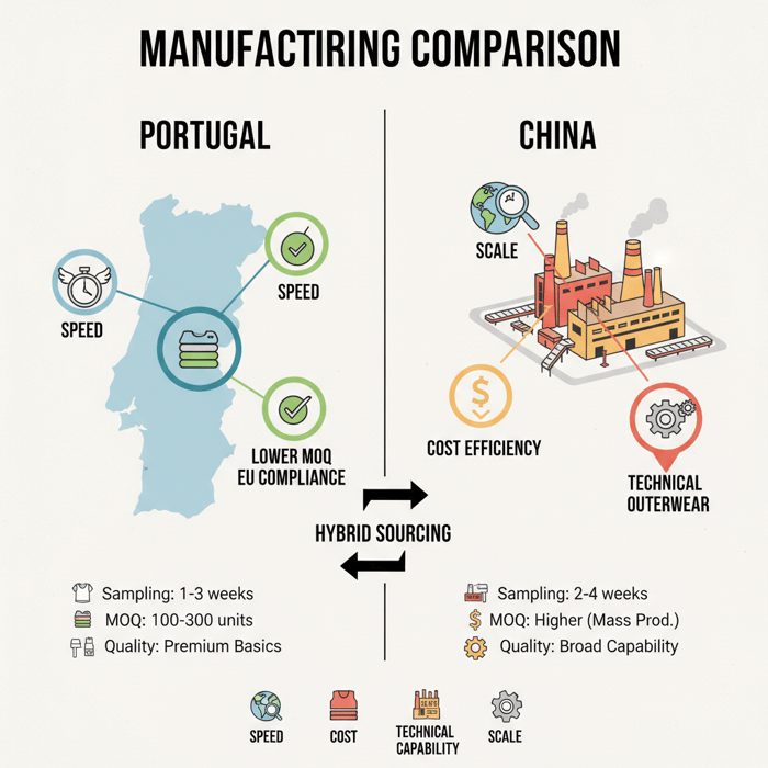 Comparison grid with speed, MOQ, cost, scale, technical capability for Portugal vs China