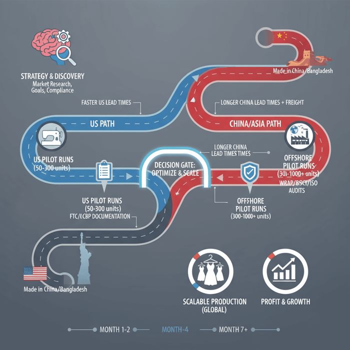 Roadmap visual showing milestones from strategy to pilot runs and scalable dress production across US and China paths