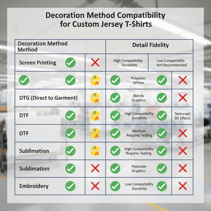 Matrix chart showing decoration methods vs fabric compatibility and detail fidelity
