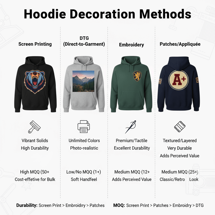 Infographic comparing screen printing, DTG, embroidery, and patches for hoodies with durability and MOQ notes