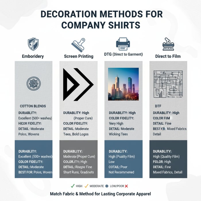 Infographic comparing embroidery, screen printing, DTG, and DTF on cotton and polyester blends for company shirts