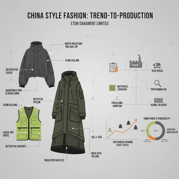 Annotated silhouettes and functional feature callouts typical in china style fashion