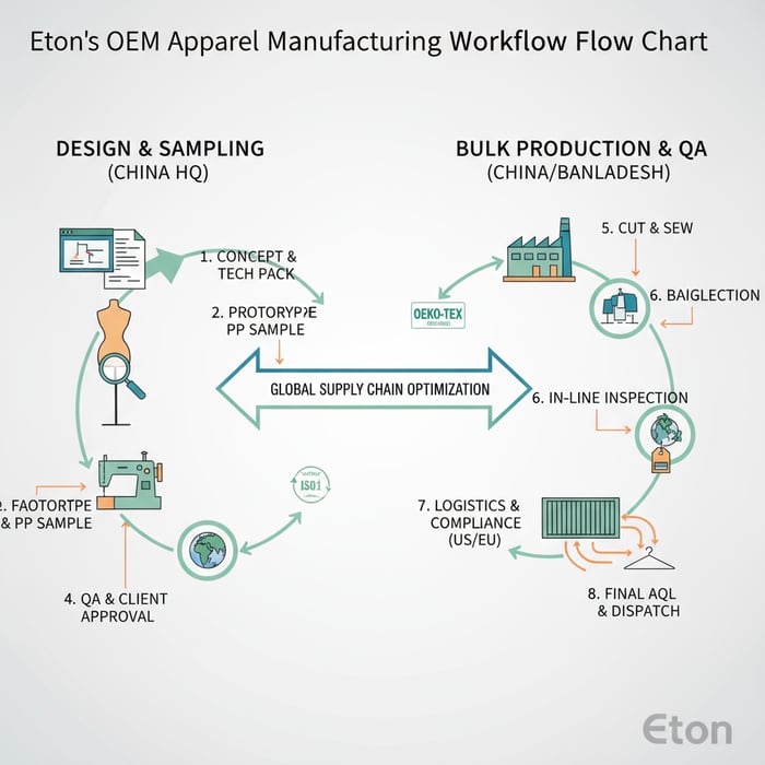Process diagram: design, sampling, production, and QA across Eton’s China and Bangladesh sites