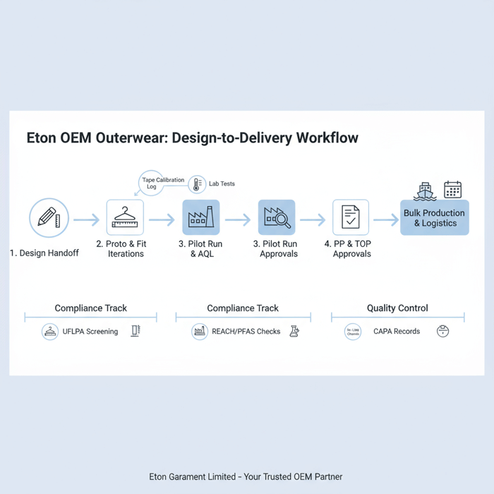 Process diagram of Eton’s OEM workflow from design handoff to PP and TOP approvals