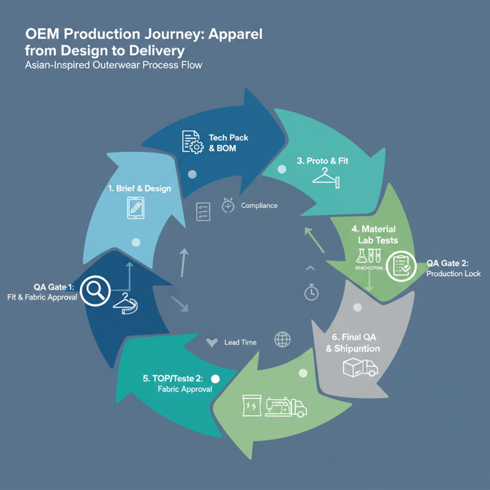 OEM process flow from brief to shipment with sample gates and QA markers