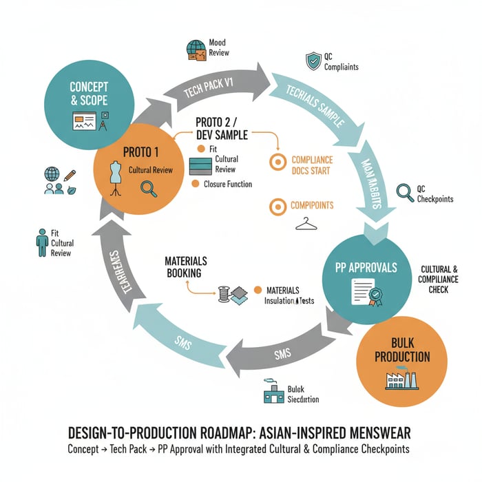 Roadmap infographic from concept to PP approvals with cultural and compliance checkpoints