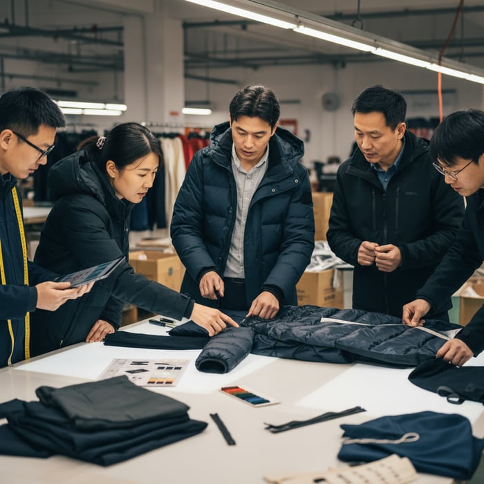 Designers and production team reviewing PP sample approvals at Eton