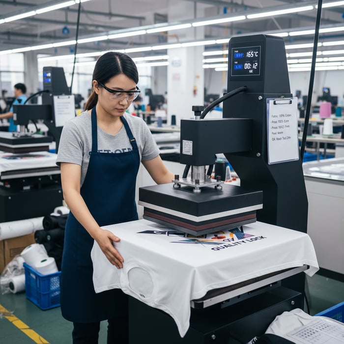 Operator pressing a DTF transfer onto a cotton tee with documented temperature and dwell time