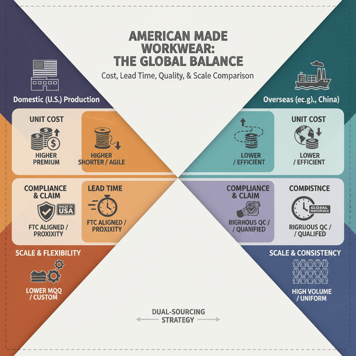 Comparison matrix of domestic vs overseas production for american made workwear including cost, lead-time, compliance, and scale