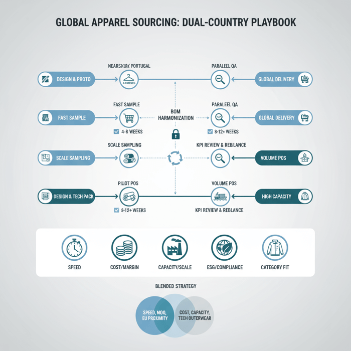 Process flowchart for dual-sourcing from design to delivery with synchronized QA gates
