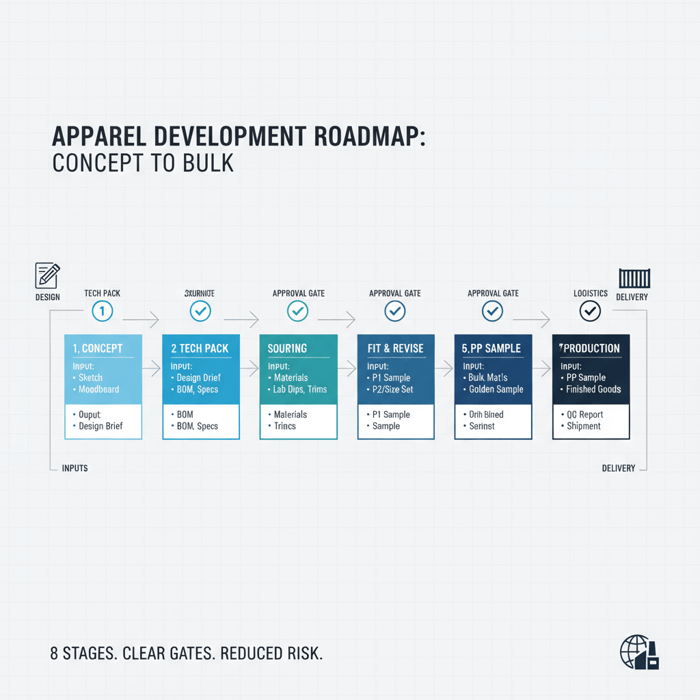 Stage-gate apparel development flowchart with inputs and outputs at each step