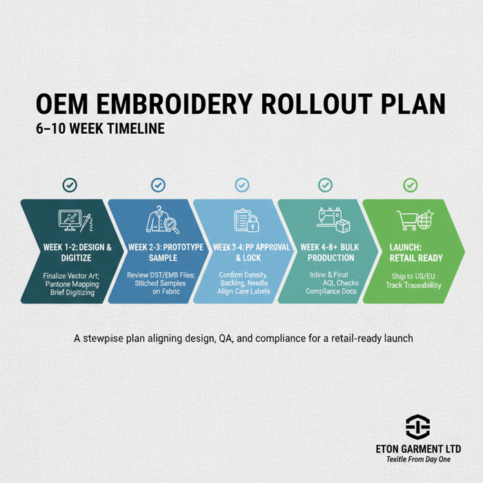 Roadmap infographic from design brief to bulk shipment for embroidered apparel