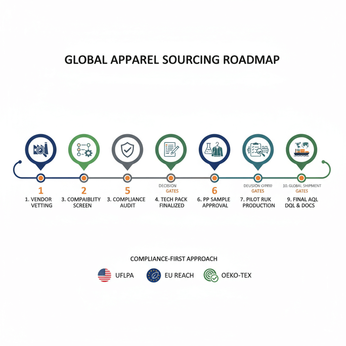 Workflow visual showing end-to-end sourcing journey from vendor vetting to shipment