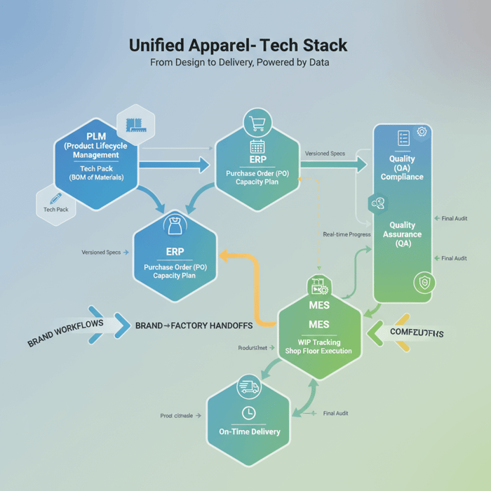 Flowchart linking tech pack, BOM, PO, capacity plan, WIP tracking, and QA across PLM/ERP/MES