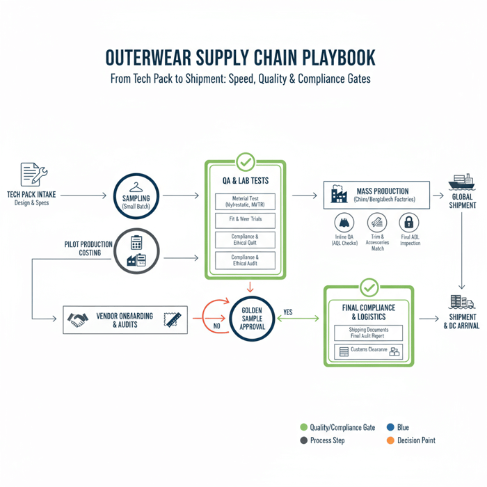 Flowchart of outerwear supply chain with QA and compliance gates