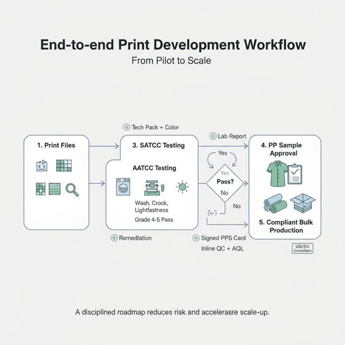 Flowchart from print files to strike-offs, AATCC testing, PP sample, and bulk release