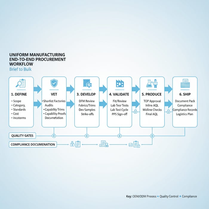 Diagram of the end-to-end procurement workflow for choosing a wholesale uniform manufacturer in China