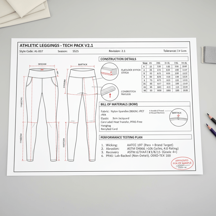 Annotated leggings tech pack showing measurements, stitch detail, fabric codes, and testing list
