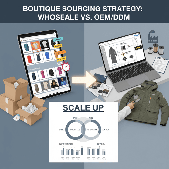 Workflow from tech pack and fabric sourcing through PP sample, inline AQL, and final inspection