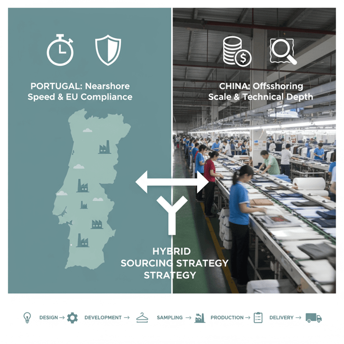 Workflow diagram from design to development to sampling to production to QA to delivery