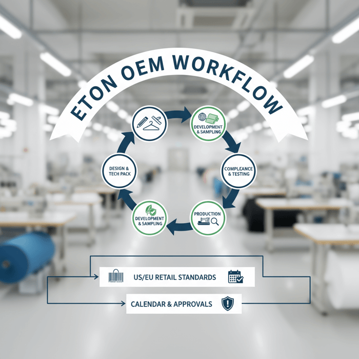 Diagram of Eton OEM workflow linking design, development, sourcing, production, and compliance